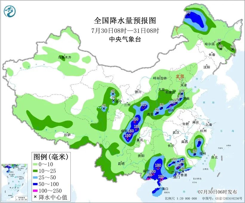 全国降水量预报图（7月30日08时-31日08时）