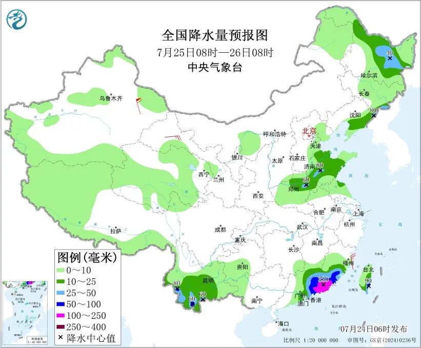 全国降水量预报图（7月25日08时-26日08时）