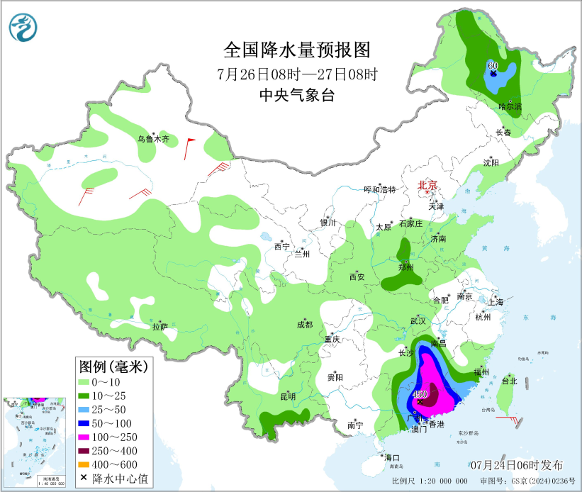 全国降水量预报图（7月26日08时-27日08时）